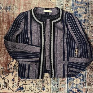 Tory Burch Navy Blue Tweed Striped Jacket Blazer Pom Pom Tulle Trims